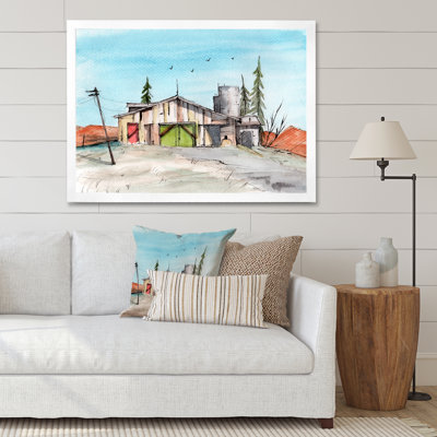 Impression sur toile en bois avec grange en bois avec porte verte