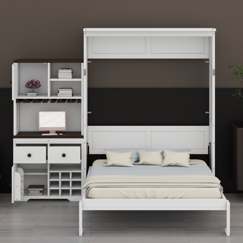 Grand lit escamotable avec armoire, support à vin, porte-verre, tiroirs et bande DEL multicolore, Blanc