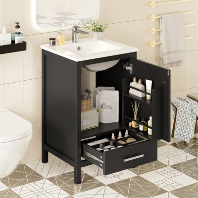 Meuble-lavabo moderne de 20 pouces avec lavabo en céramique, tiroir et porte à fermeture en douceur, organisateur de porte double couche, tiroir de séparation, patins réglables - conception de rangement peu encombrante