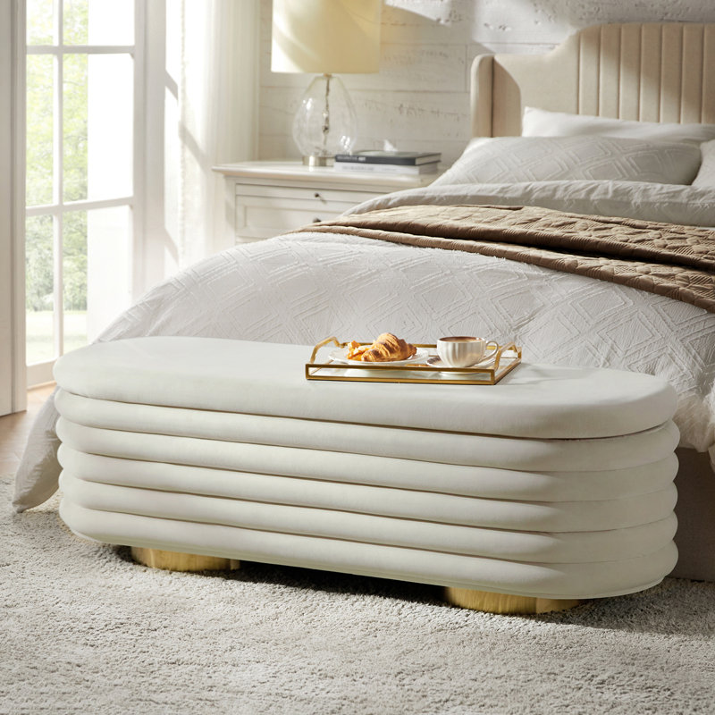 Nettie 54" Modern Velvet Boucle Upholstered Tufted Storage Bench with Gold-finished Metal Legs, White