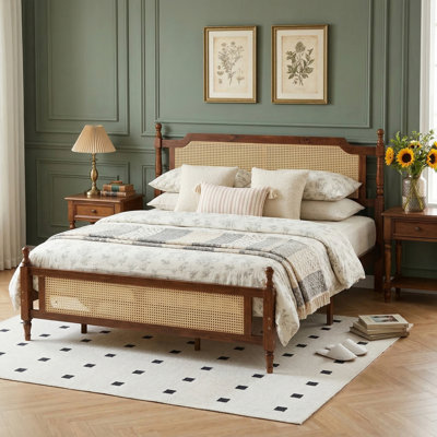 King Size Solid Rubberwood Platform Bed With Natural Rattan Headboard And Footboard, Traditional Turned Post Bed Frame With 10-Leg Heavy Duty Support System, No Box Spring Needed
