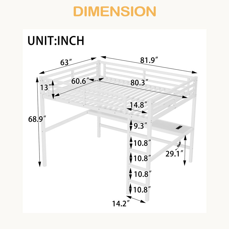 Metal Queen Size Loft Bed With Power Outlet And LED Lighted, Space-Saving, Noise Reduced