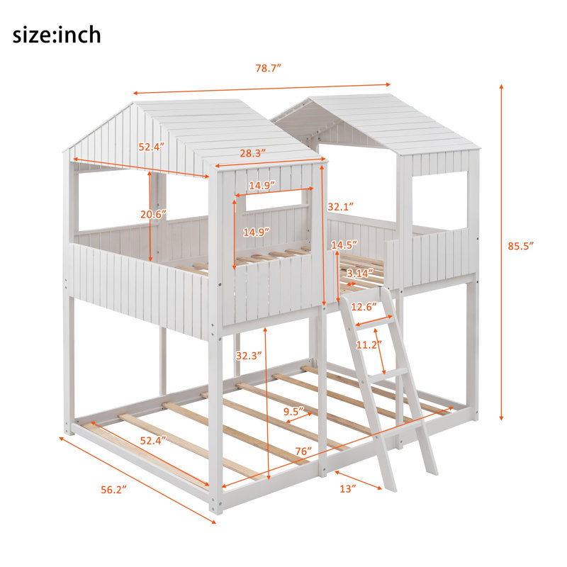 Full Over Full Wood Bunk Bed with Roof, Window, Guardrails & Ladder, Kids House Bunk Bed, White, White
