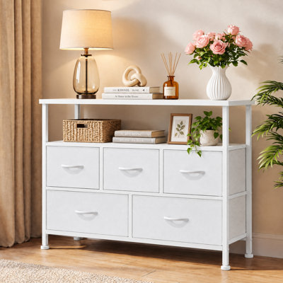 5-Drawer Storage Dresser with Open Shelf, Industrial Wood & Metal TV Stand