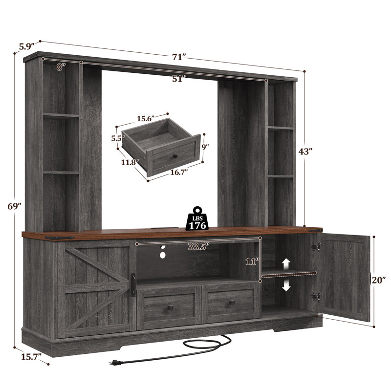 Farmhouse Entertainment Center For 60 Inch Tv, With 2 Led Lights, Power Outlets & Storage Shelf, Gray