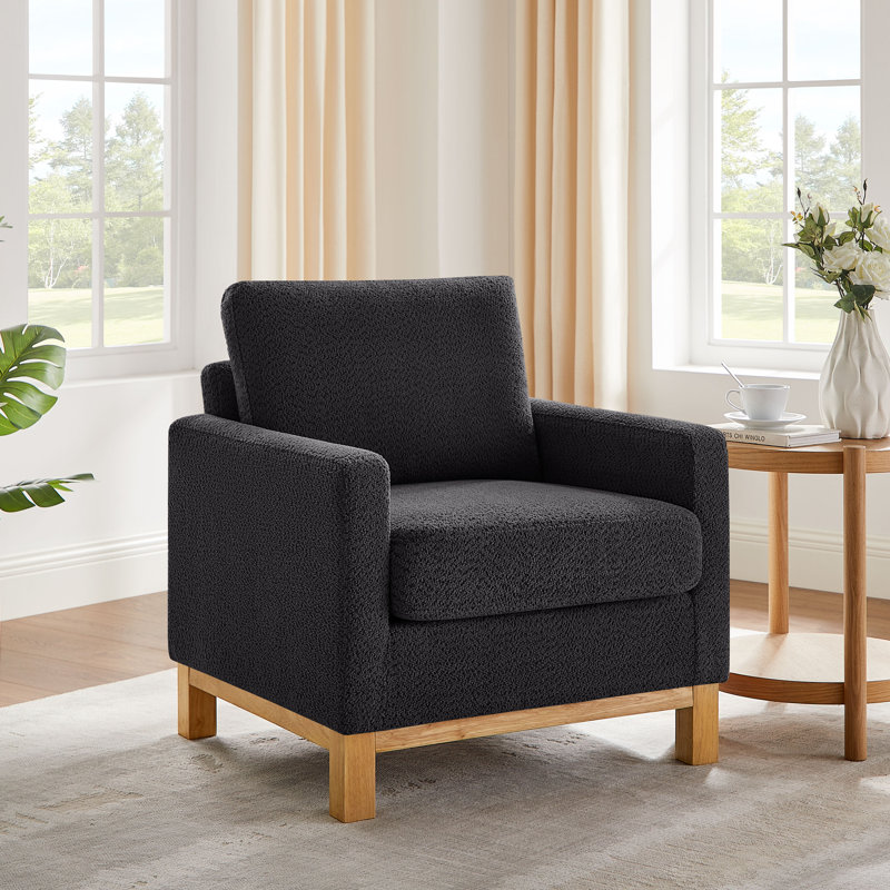 Upholstered Accent Chair Armchair with Solid Wood Leg, Dark Gray Boucle , Gray Foam Padding
