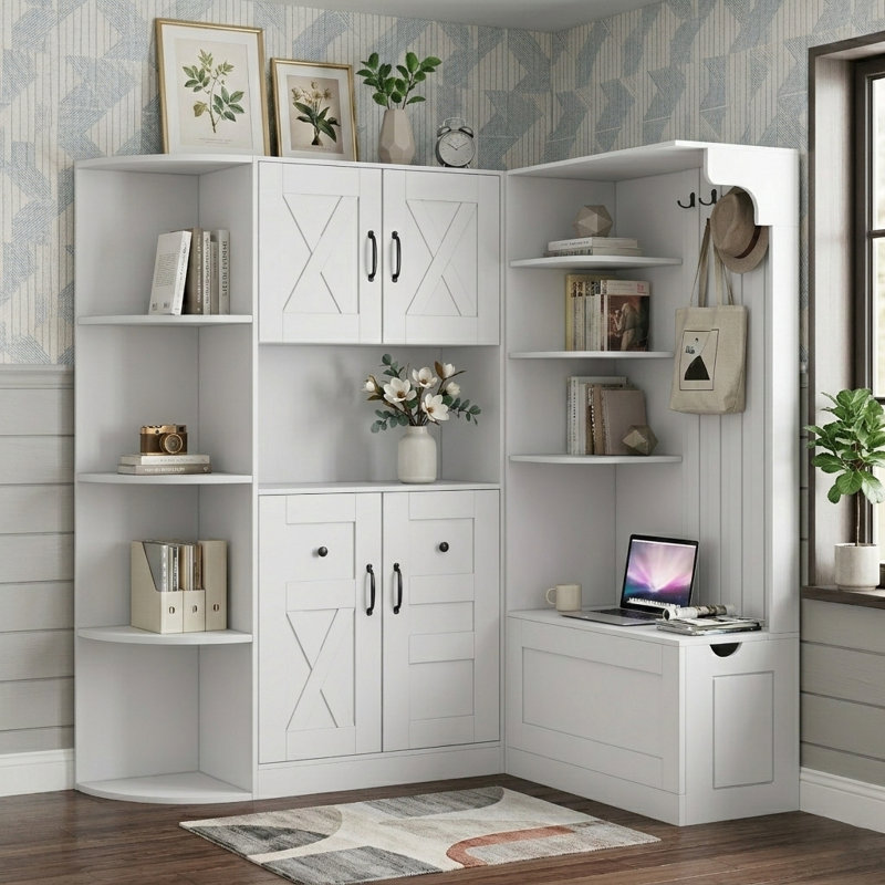 75"W Modular Hall Tree & Entryway Storage Cabinet With Seating Bench & 4 Hooks For Living Room And Hallway, White