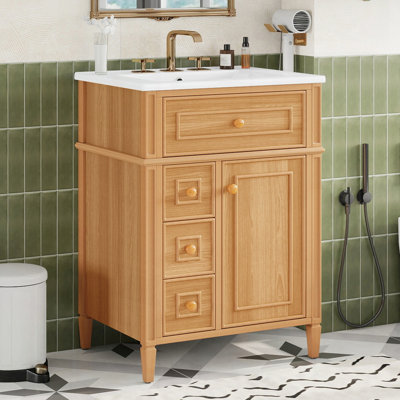 Meuble-lavabo de 24 po avec lavabo, armoire en bois, tiroir rabattable, portes à fermeture en douceur, panneau de fibres à densité moyenne durable et fabrication en bois massif