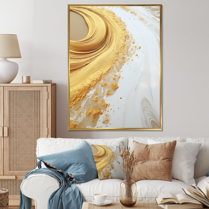 Spirale de marbre moderne moderne or et blanc, Black Picture Framed, 32" H x 16" W