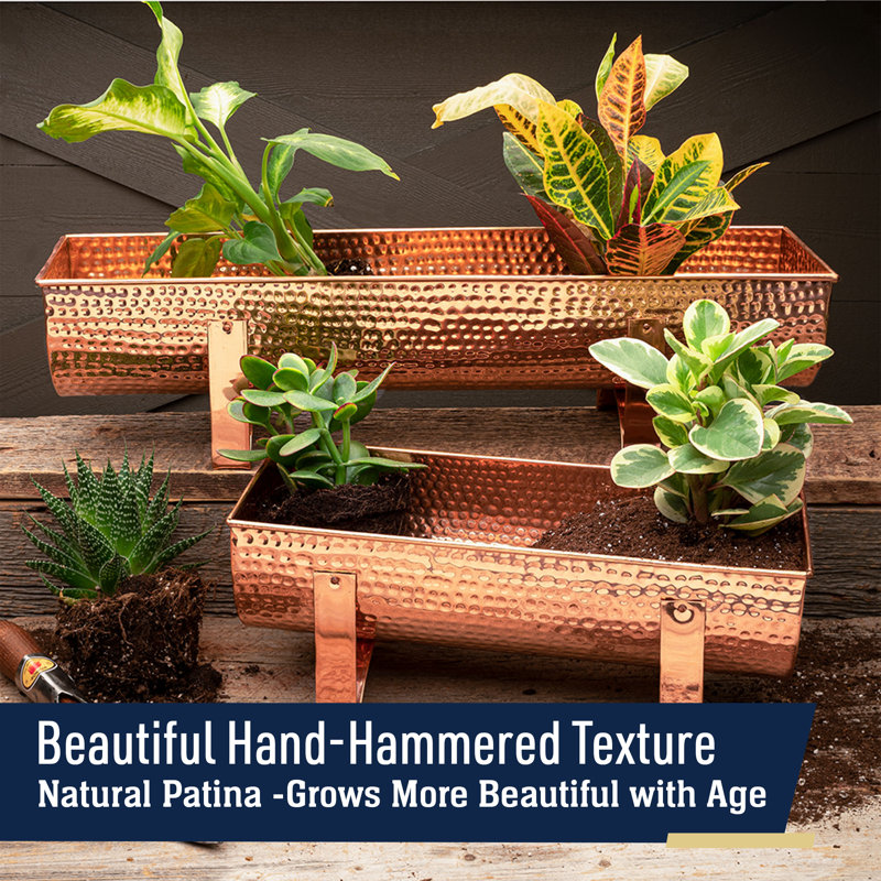 Hammered Solid Copper Window Planter Box, 6H x 15.5 W x 6 D