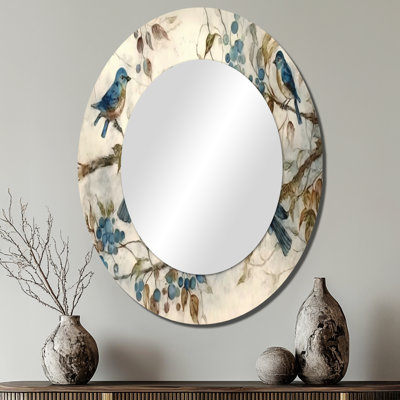 Four Vintage Blue Birds On A Branch IV - Animals Oval Decorative Mirror On Metal