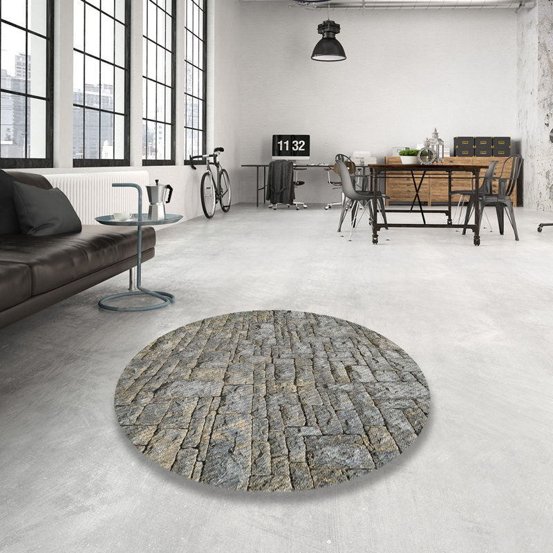 Laine tissée à la machine et Tapis décoratif gris polyester, Rond 5 pi