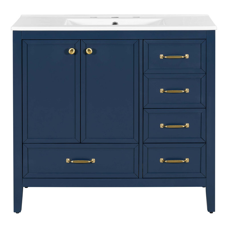Meuble-lavabo 36 po avec lavabo, armoire de salle de bain avec porte à fermeture en douceur, 4 tiroirs de différentes tailles, structure et pieds en bois massif