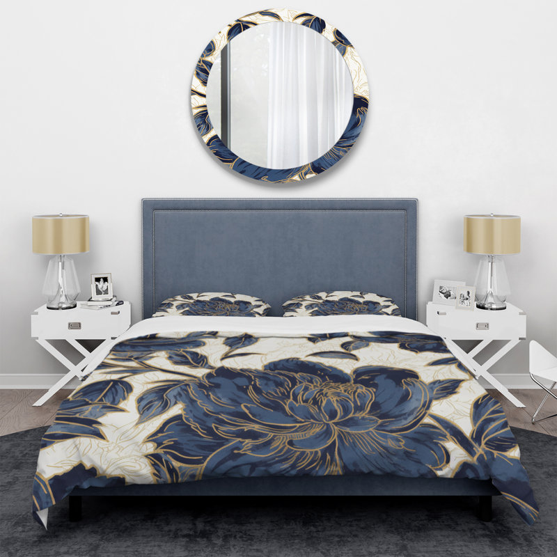 Ensemble de housse de couette en microfibre / polyester Blue Gold, Housse de couette pour grand lit et 2 taies décor