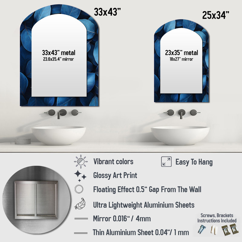 Midnight Blue Leaves Tranquility II - Leaves Arch Decorative Mirror, Traditional Asymmetrical Wall Mirror, Printed Metal Art