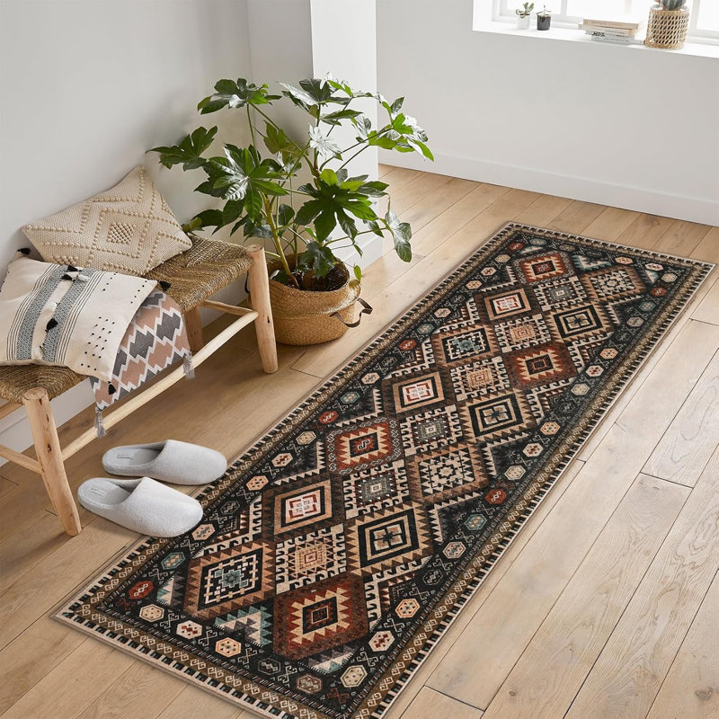 Area Rug Machine Washable Non-Slip Low Pile Geometric Print Pattern Western Easy-Cleaning Rug for Living Room Bedroom Nursery Entryway