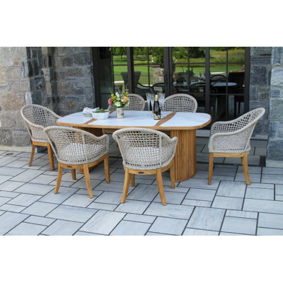 Cava 7 Pc. Teak & Nautical Rope Oval Dining Set With Orobico Stone Top