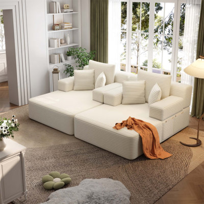 Oversized Double Chaise Lounge 2-Piece Set, Luxurious Plush Corduroy Convertible Sofa Bed with 6 Pillows and Storage Pocket, for Small Spaces, Home Theater, Living Room