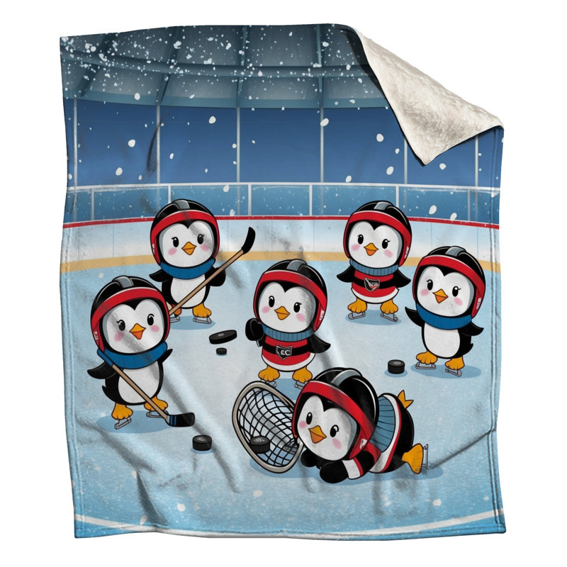 Pingouins jouant aux couvertures de hockey, L 50 po x H 60 po