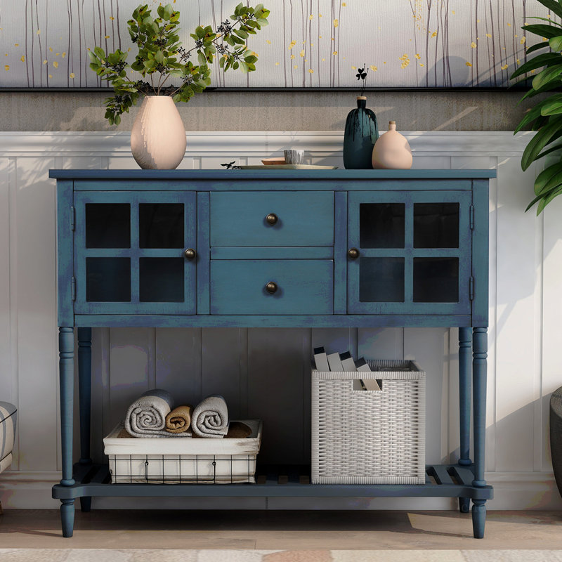 Console avec buffet et tablette inférieure, armoire de rangement en bois / verre Farmhouse, Bleu marine antique