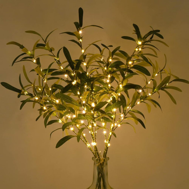 Ensemble de 3 branches d'olivier artificielles 28 po avec lumières à DEL blanc chaud, 3 fausses branches d'olivier artificiel pour la maison, fausses branches pré-éclairées
