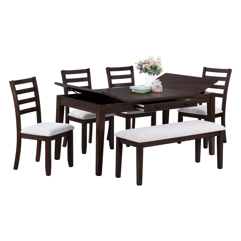 Table de salle à manger contemporaine 6 pièces avec table rectangulaire en noyer avec rangement de tiroir, chaises et banc dans le style: tiroir, assorti