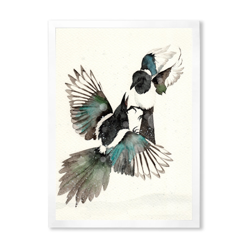 «Deux magpies noirs et turquoise dansant», reproduction sur toile, H 20 po x l 12 po, Toile blanche avec cadre d'angle fermé