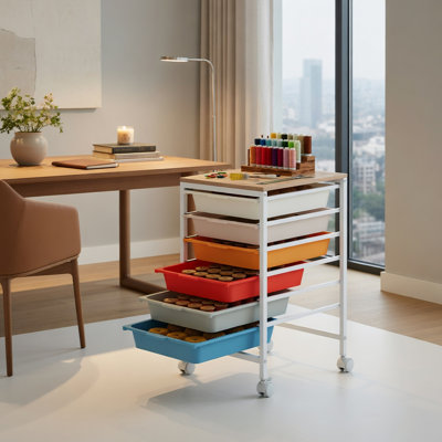  Chariot de rangement à 6 tiroirs avec plateau en bois, design blanc naturel pour le bureau, la salle de bricolage, la salle de classe et l'organisation de salon