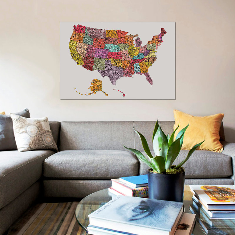 «US Map», impression sur toile, H 18 po x l 26 po x P 1,5 po, Toile avec cadre noir, Pas de tapis