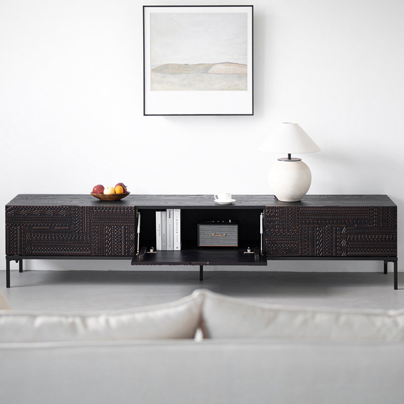Meuble télé en bois massif et pieds en acier au carbone, H 19,68 po x L 70,86 po x l 17,71 po