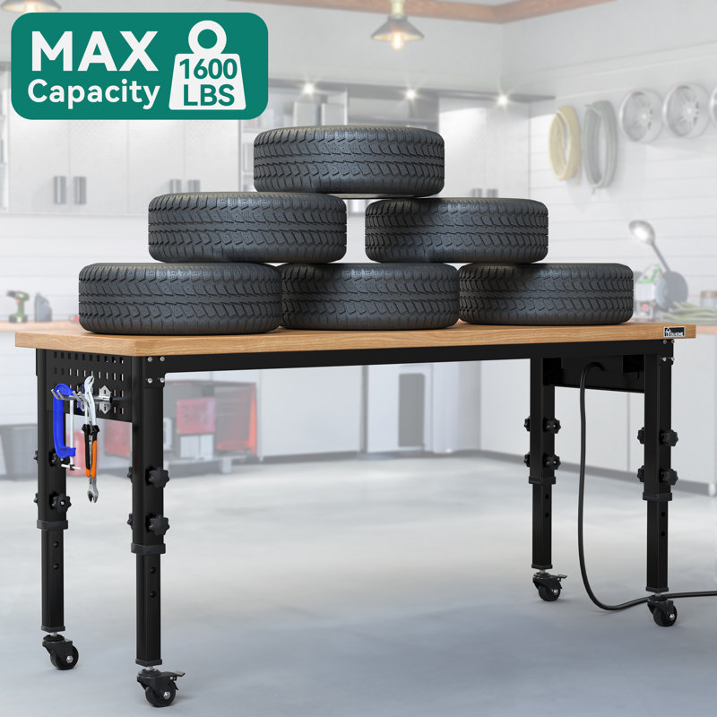 Manufactured Wood Top Height-Adjustable Workbench with Wheels, 27.9" H x 48" W x 20" D