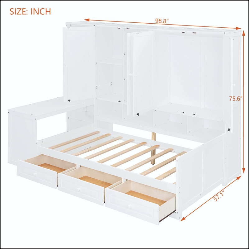Lit de jour simple en bois avec bureau, armoires, tablettes et 3 tiroirs, Blanc