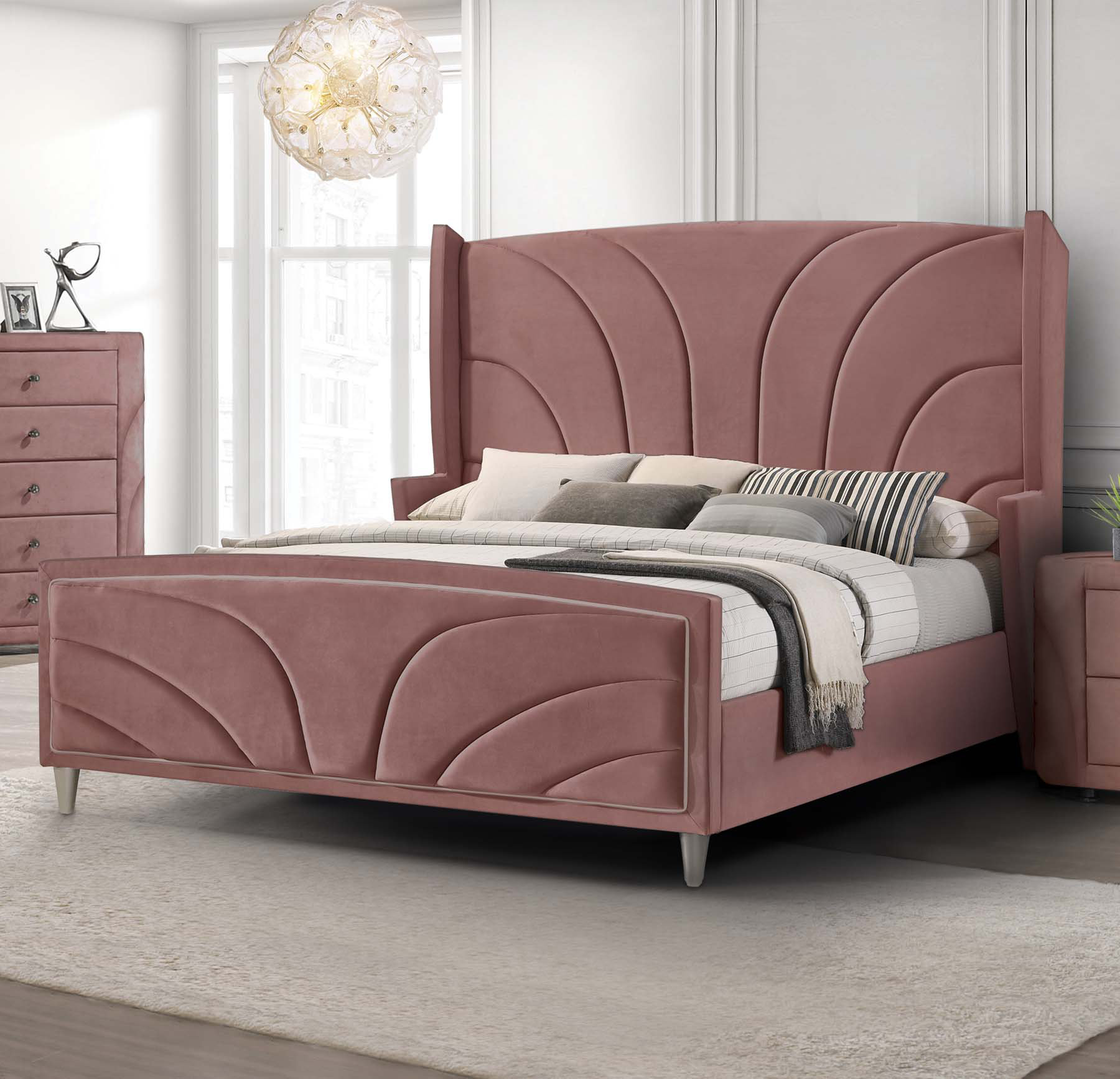 Eva Pink Velvet Queen Bed