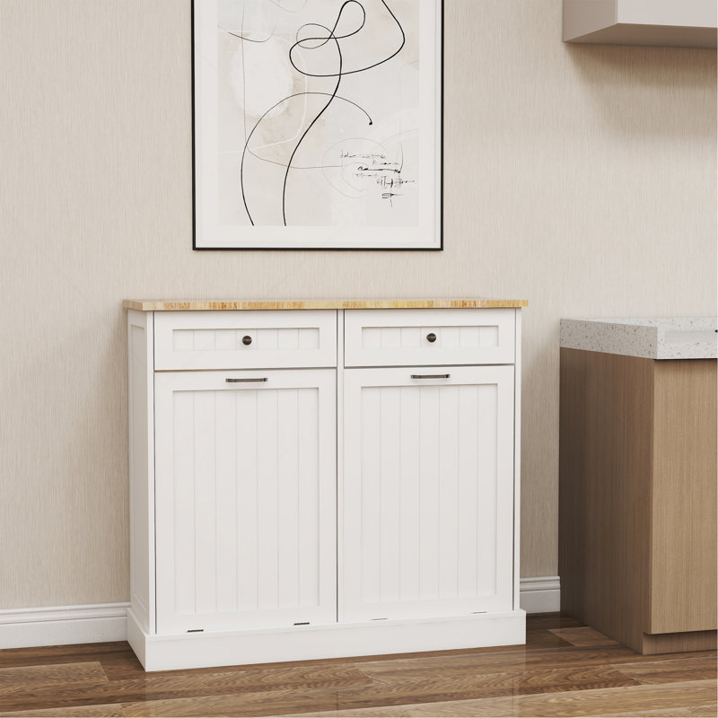 Armoire poubelle de cuisine à deux tiroirs et deux compartiments basculants - blanc