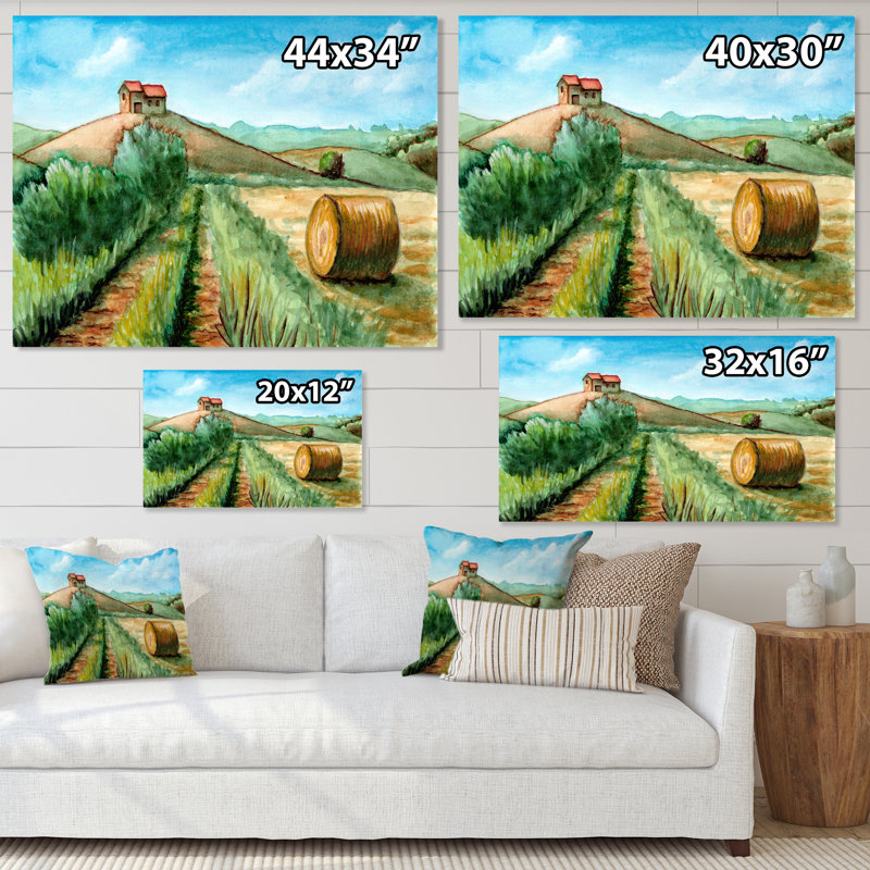 Paysage de récolte champêtre - Peinture sur toile, H 16 po x l 32 po, Toile tendue
