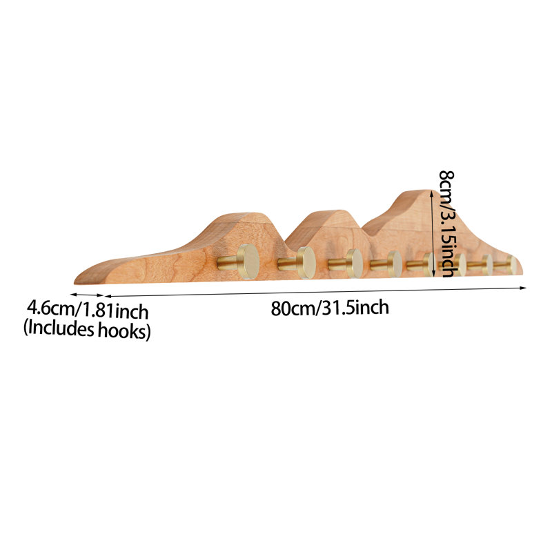 31.5" Mountain-Shaped Walnut Wall Coat Rack with 8 Brass Hooks, Modern Entryway Organizer, Natural