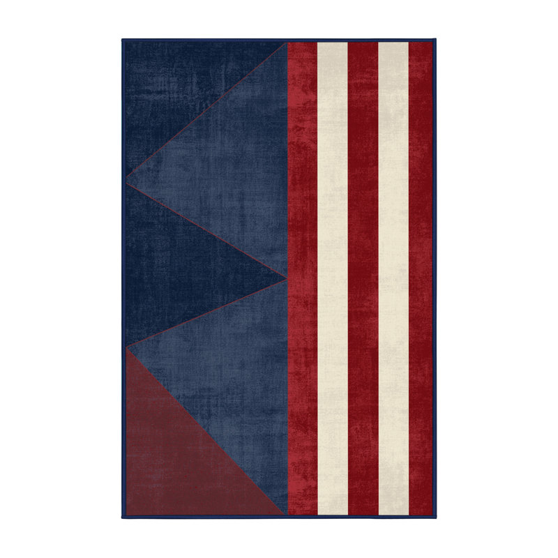 Tapis gris moderne et contemporain lavable à la machine Aguayo du 4 juillet - reliure marine, 2 pi x 3 pi