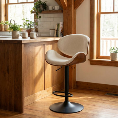 Modern Upholstered Swivel 24”H Barstool, Adjustable Height Counter Stool With Bentwood, Boucle Upholstered Bar Stool With Metal Frame