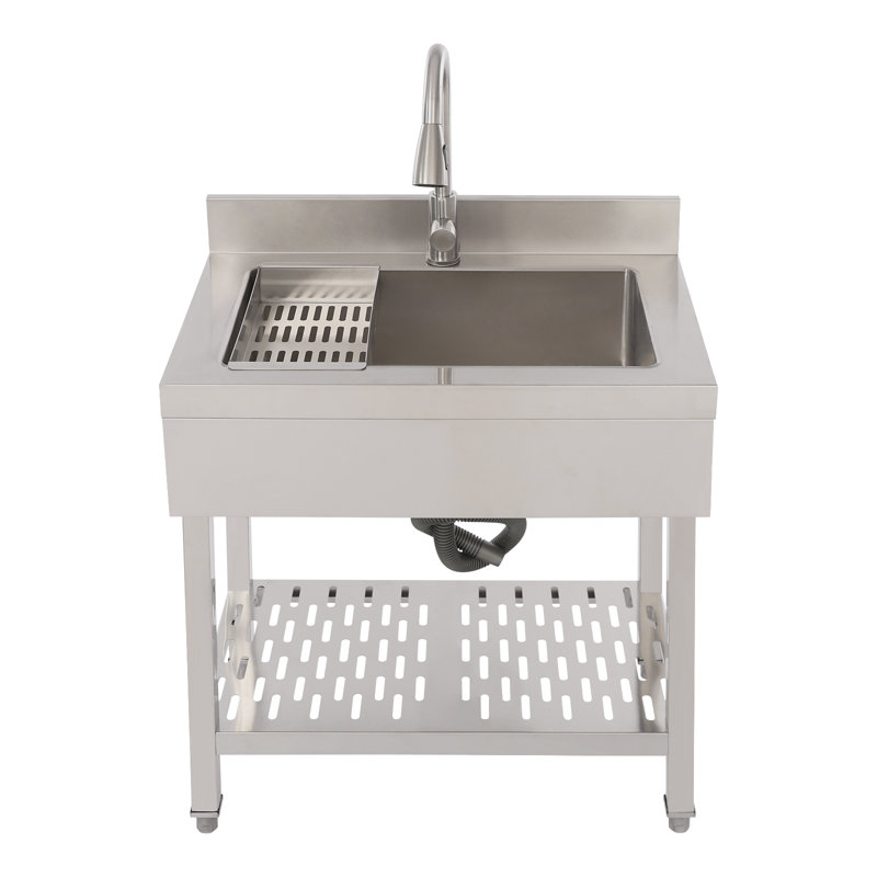 Stainless Steel Single Bowl Utility Sink Freestanding Workstation Sink Kitchen Sink With Pull-Out Faucet, Gray