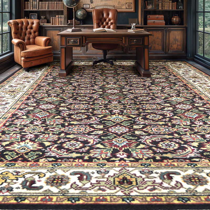 Tapis floral jaune / noir / blanc en laine noué à la main Floral, Rectangle 10 pi x 14 pi