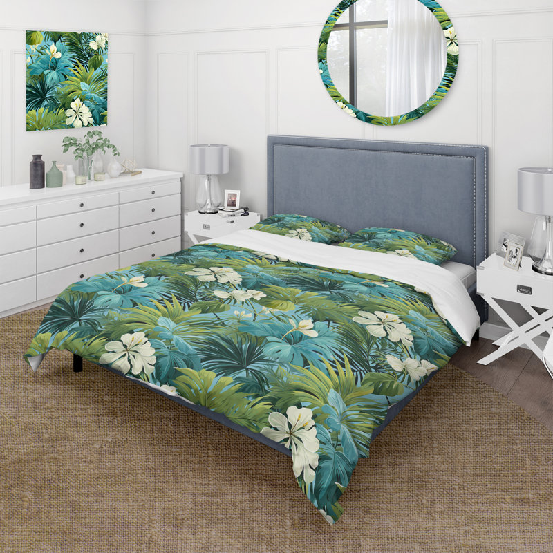 Ensemble de housse de couette bleu azur et vert motif tropical III - Tropical