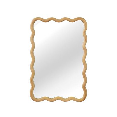30" Wavy Rectangle Wood Mirror, 20" x 30" Oak Color Solid Wood Frame, Irregular Organic Shaped Wall Mirror for Living Room, Bedroom, Bathroom, Entrywa