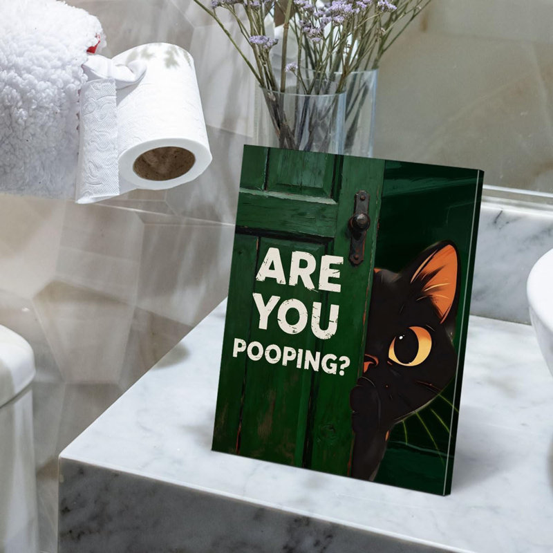 Drôle de décoration de salle de bain pour chat - Illustration de dessin animé mignon chats de porte verts pour la salle de bain - Are You Pooping