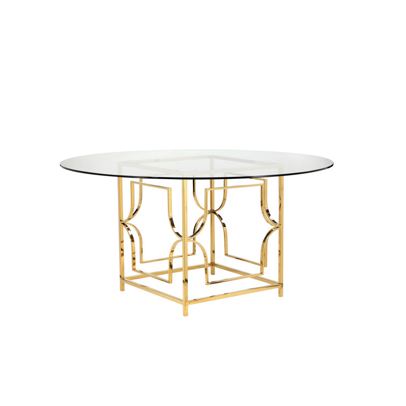 Pangea Home Benson Edward 60" Round Glass Top Metal Base Dining Table - 6 Person - Modern, Contemporary, Glam Dining Table – Tempered Glass Top with Steel Frame for Kitchen, Dining Room, Office - Gold Round Dining Table