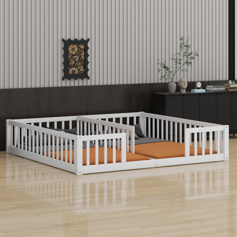 Double Floor Bed With Fence, Guardrails, White