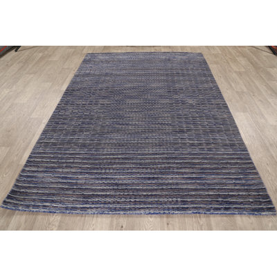 Tapis décoratif en laine de style marocain bleu/gris 5 pi 4 po x 7 pi 7 po noué à la main New Age