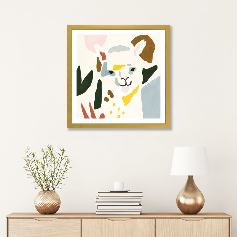 «Llama Moderne I» par Victoria Borges - reproduction d'art, Blanc, Papier encadré doré, H 24 po x l 24 po x p 1 po