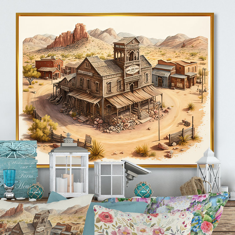 Wild West Town I - Impression sur toile, Cadre flottant doré, H 30 po x l 40 po x P 1,5 po