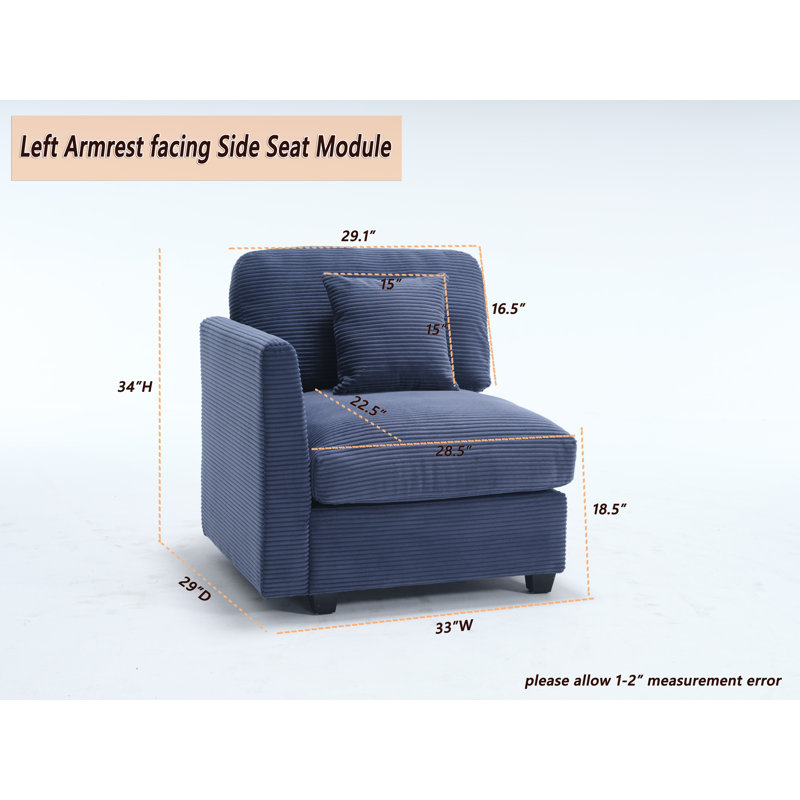 Zayva Corduroy Fabric Left Armrest Seat Module Side Chair For Modular Sectional Sofa, Dark Blue Corduroy 