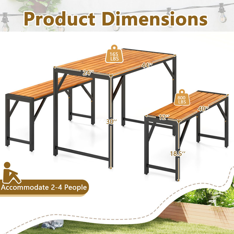 3 Pcs Dining Set For 4 People Outdoor Picnic Table & 2 Benches W/ Metal Frame, 30" H x 24" W x 44" D, Black